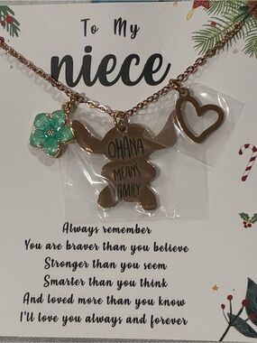 Rose Gold 'Ohana Means Family' Niece Necklace with Green Flower Charm